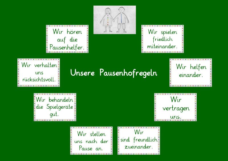 Pausenhofregeln für Kinder auf grün mit Zeichnung in der Mitte
