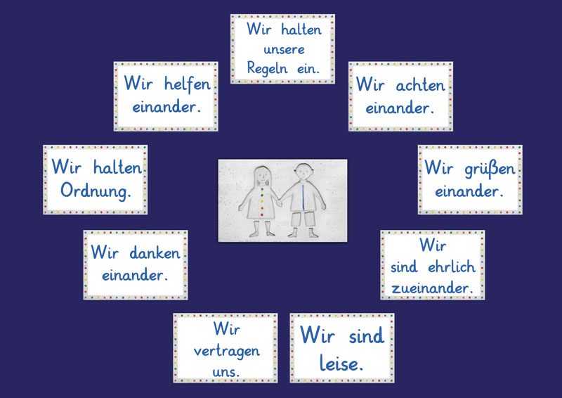 Schulregeln in Deutsch auf blauen Hintergrund mit Bildern