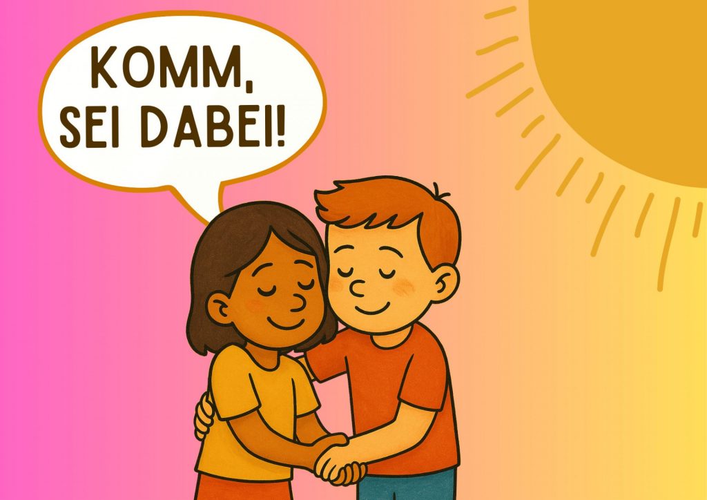 Zwei Kinder umarmen sich vor einem warmen Hintergrund. Die Sonne scheint. Das eine Kind sagt: "Komm sei dabei!"